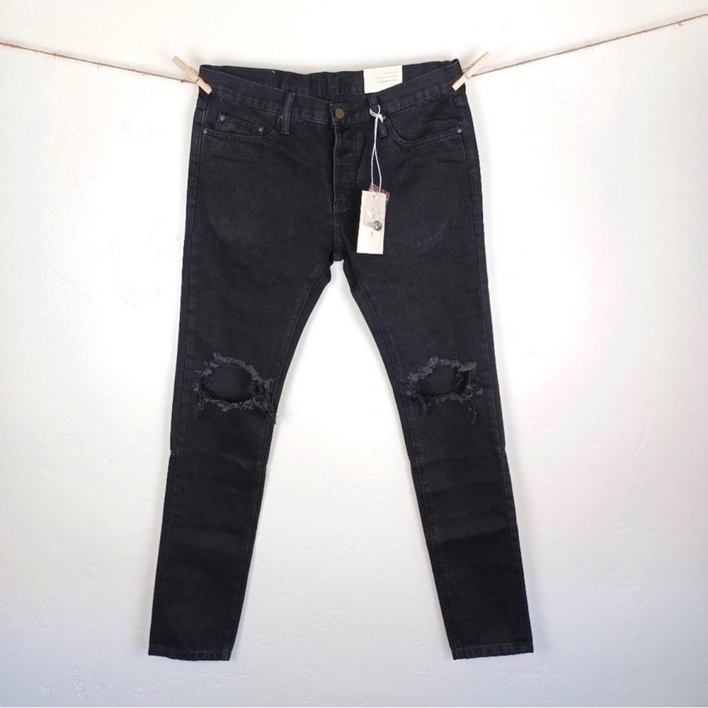 MNML Men's Slim Fit Jeans M301 Denim Destressed Tapered Button Fly Black Size 32